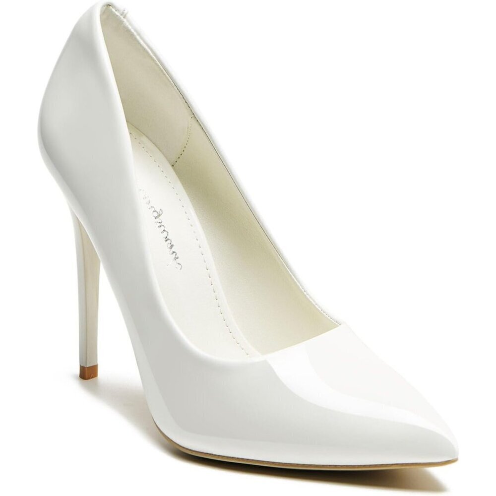 Womens White Polyurethane (PU) Pointed Closed Toe Slip On Heels Leather Pumps
